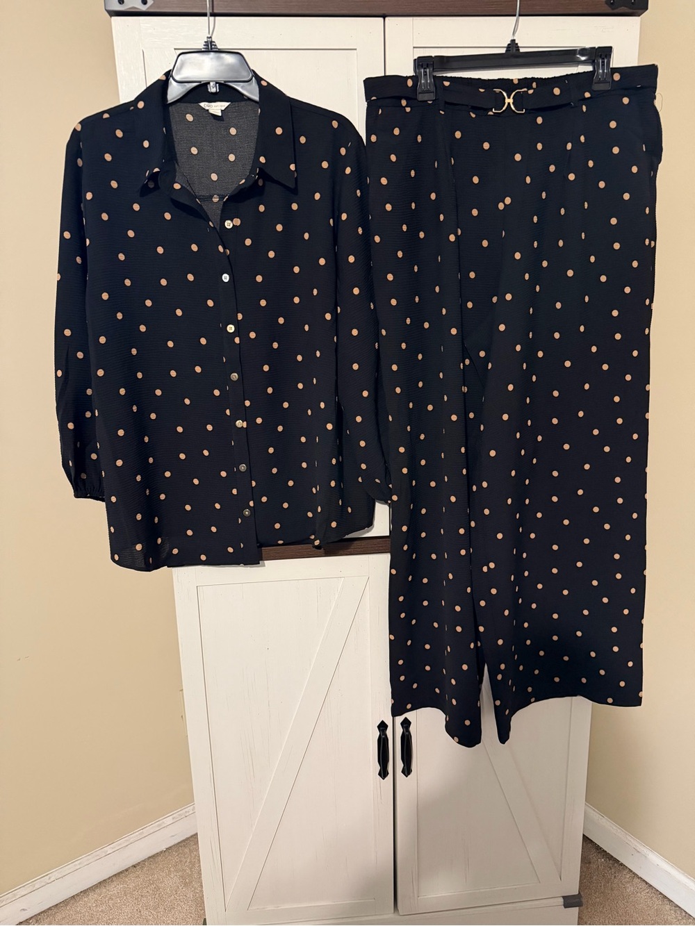 Cato Black Wide-Leg Pant and Button Shirt Set with Tan Polka Dots